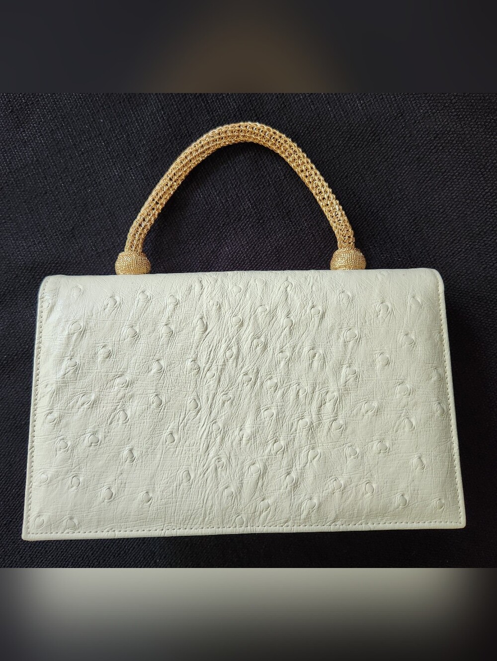 Vintage Magda Makkay 1960s Cream Ostrich Clutch Purse Gold Mesh Handle MCM